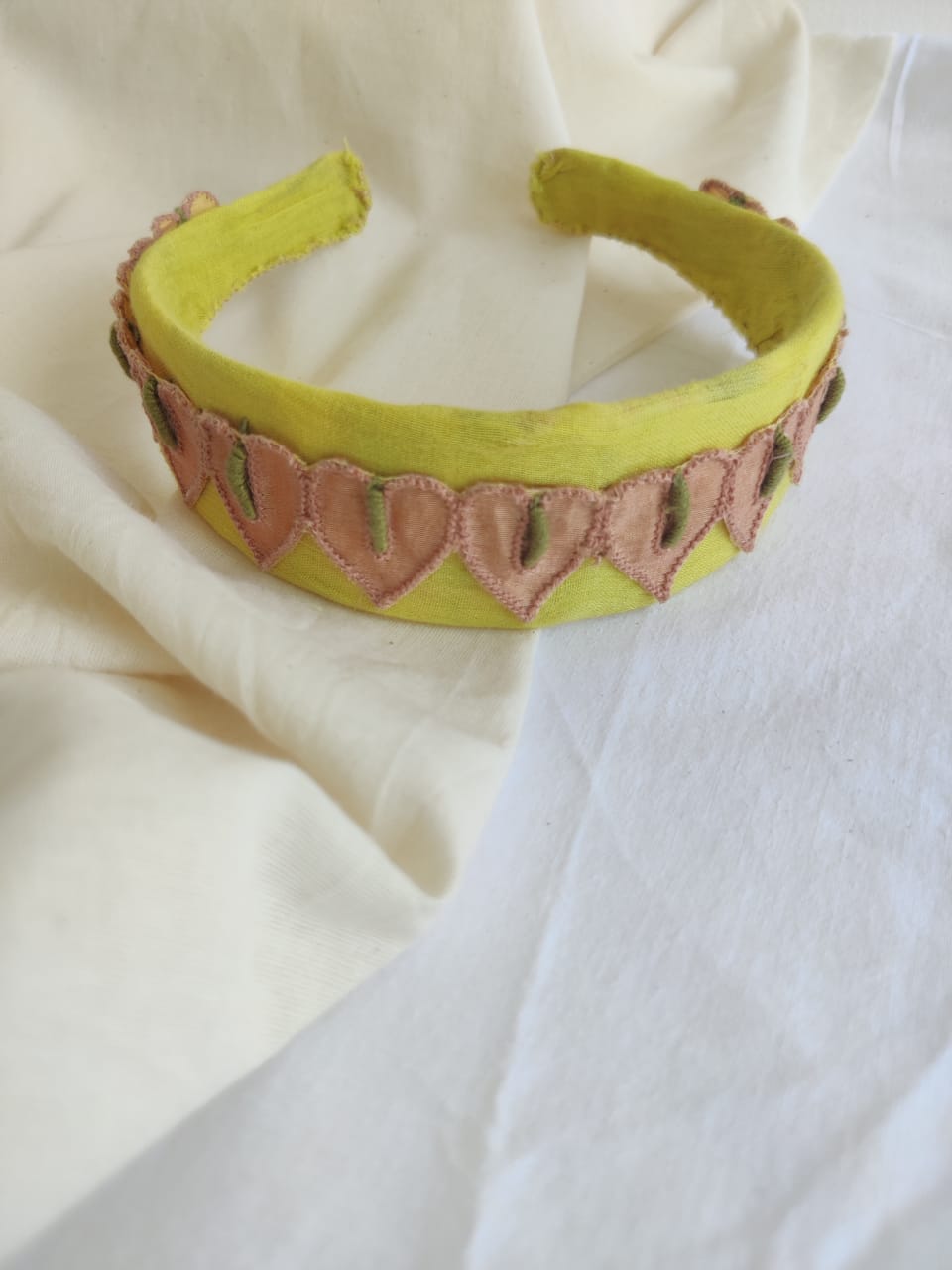 Yellow chanderi hand embroidered head band