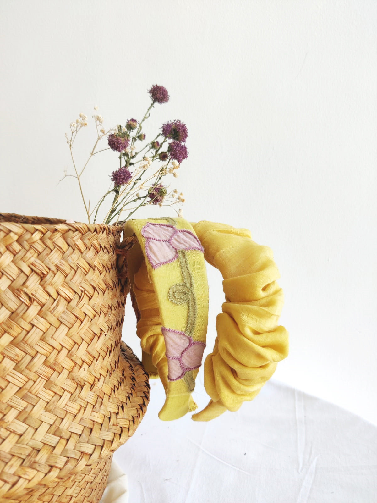 Yellow chanderi hand embroidered head band