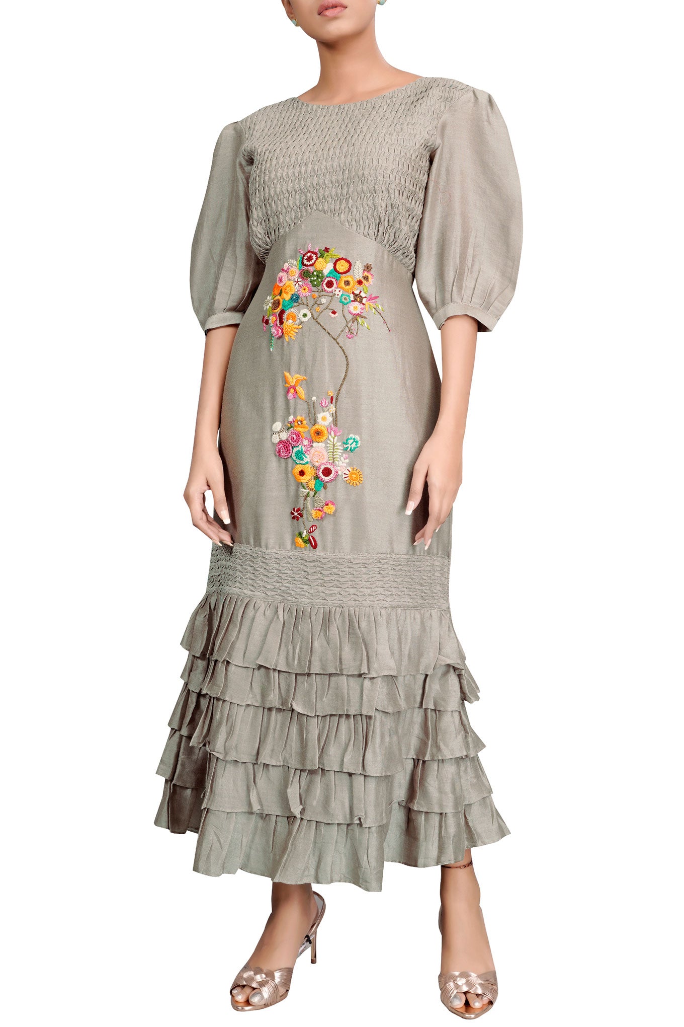 Taupe chanderi silk hand embroidered dress