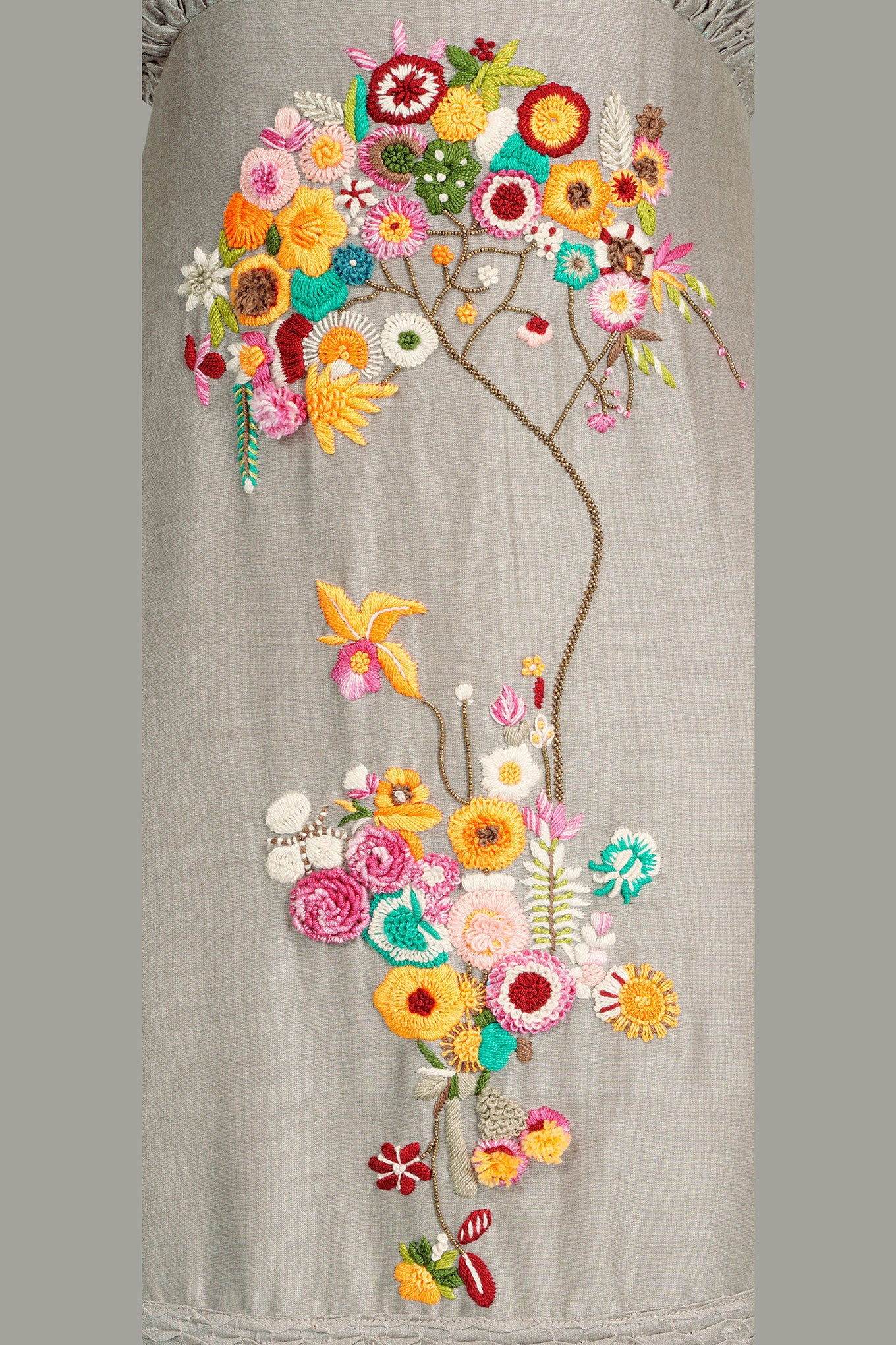 Taupe chanderi silk hand embroidered dress