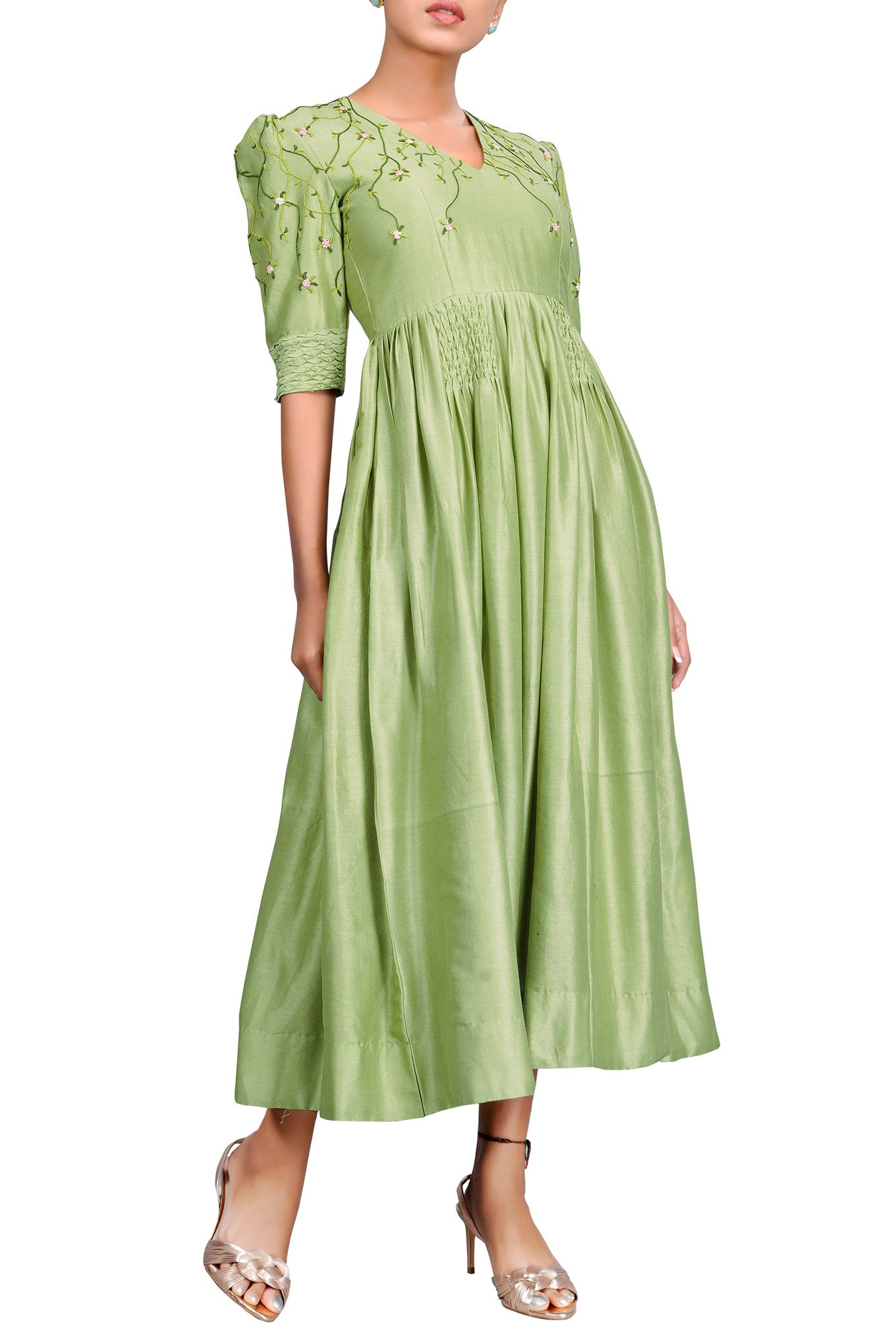 Green chanderi silk hand embroidered dress