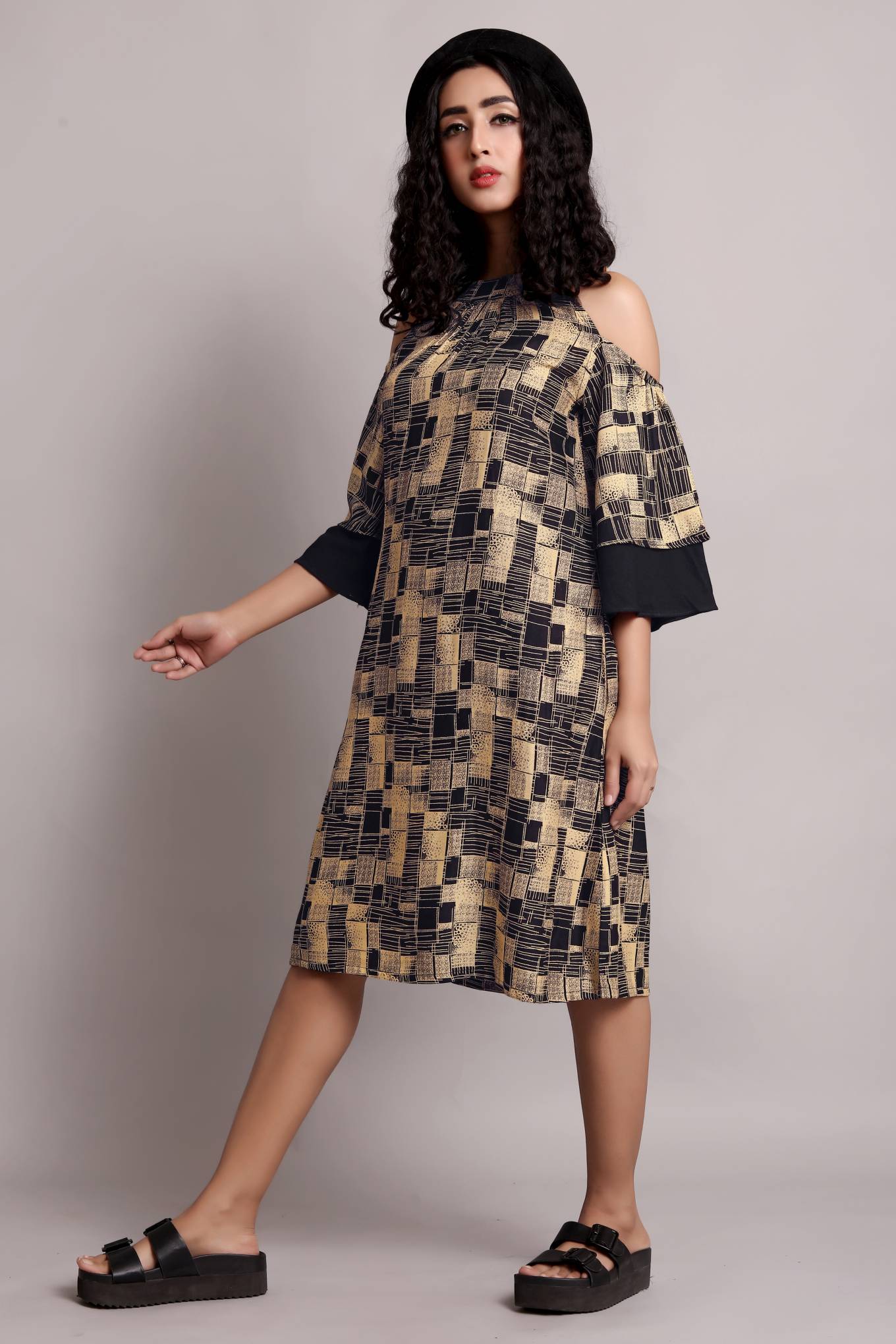 Printed Midi Dress With Cold Shoulder & Bell Sleeves