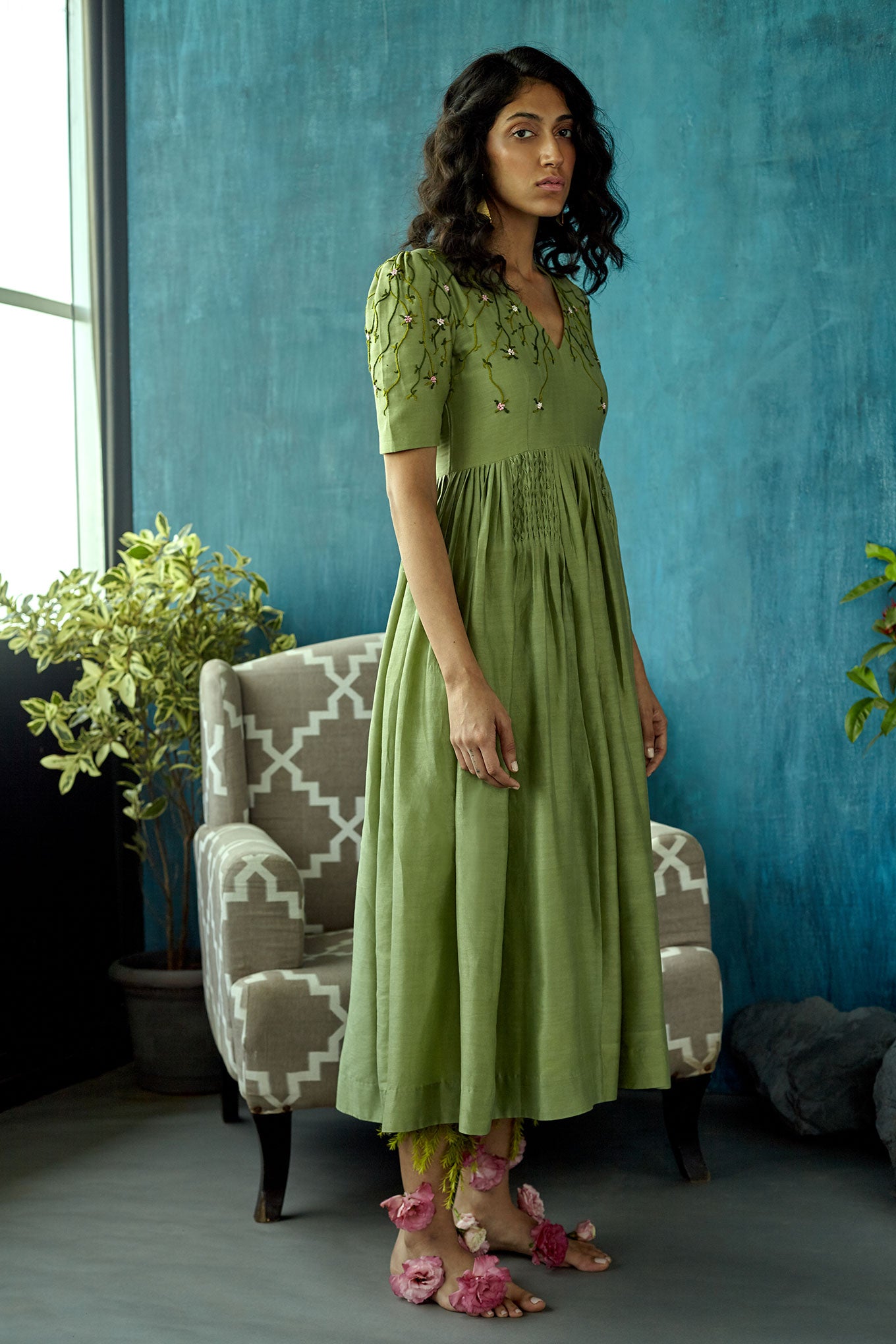 Green chanderi silk hand embroidered dress