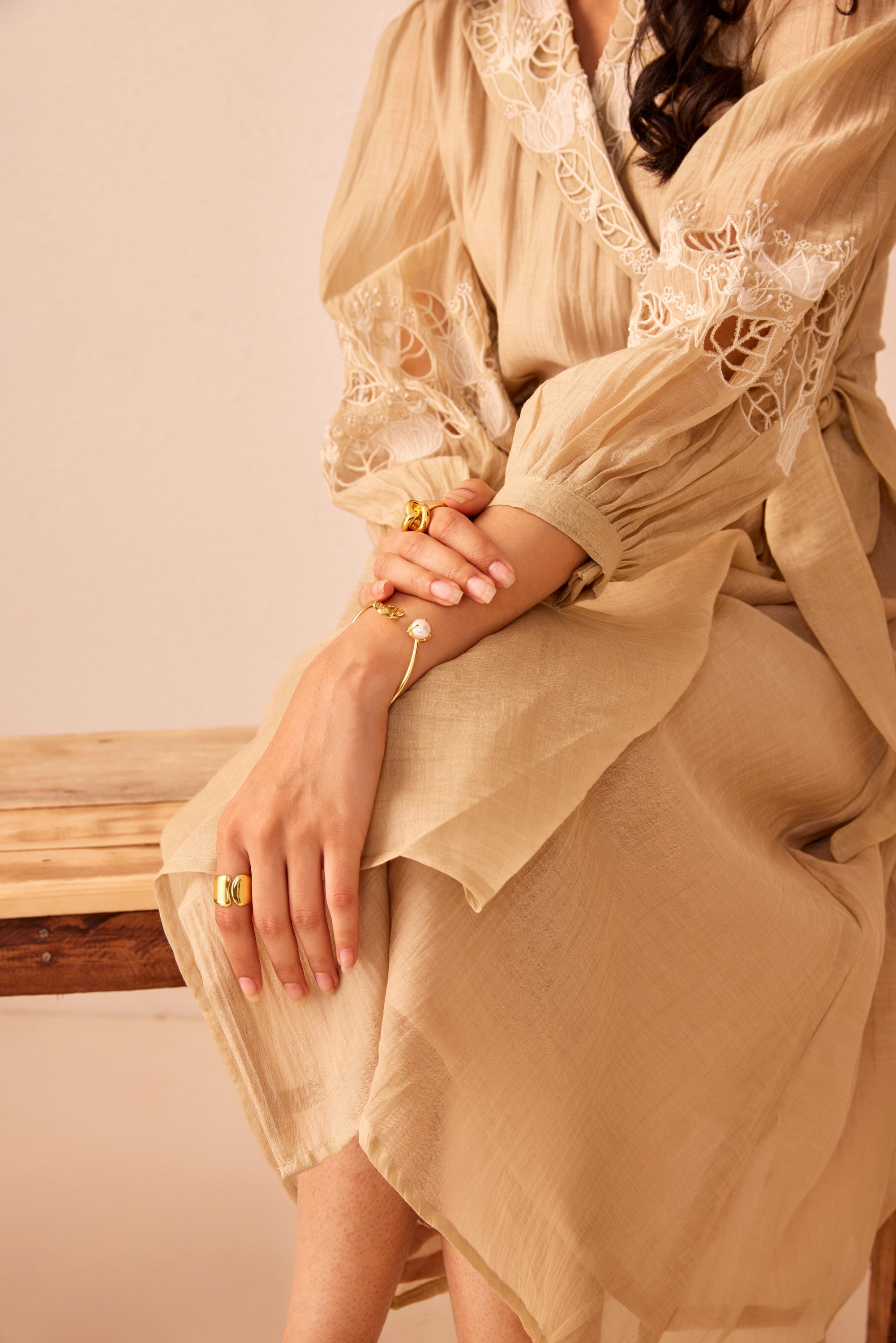 Beige chanderi silk hand embroidered wrap dress