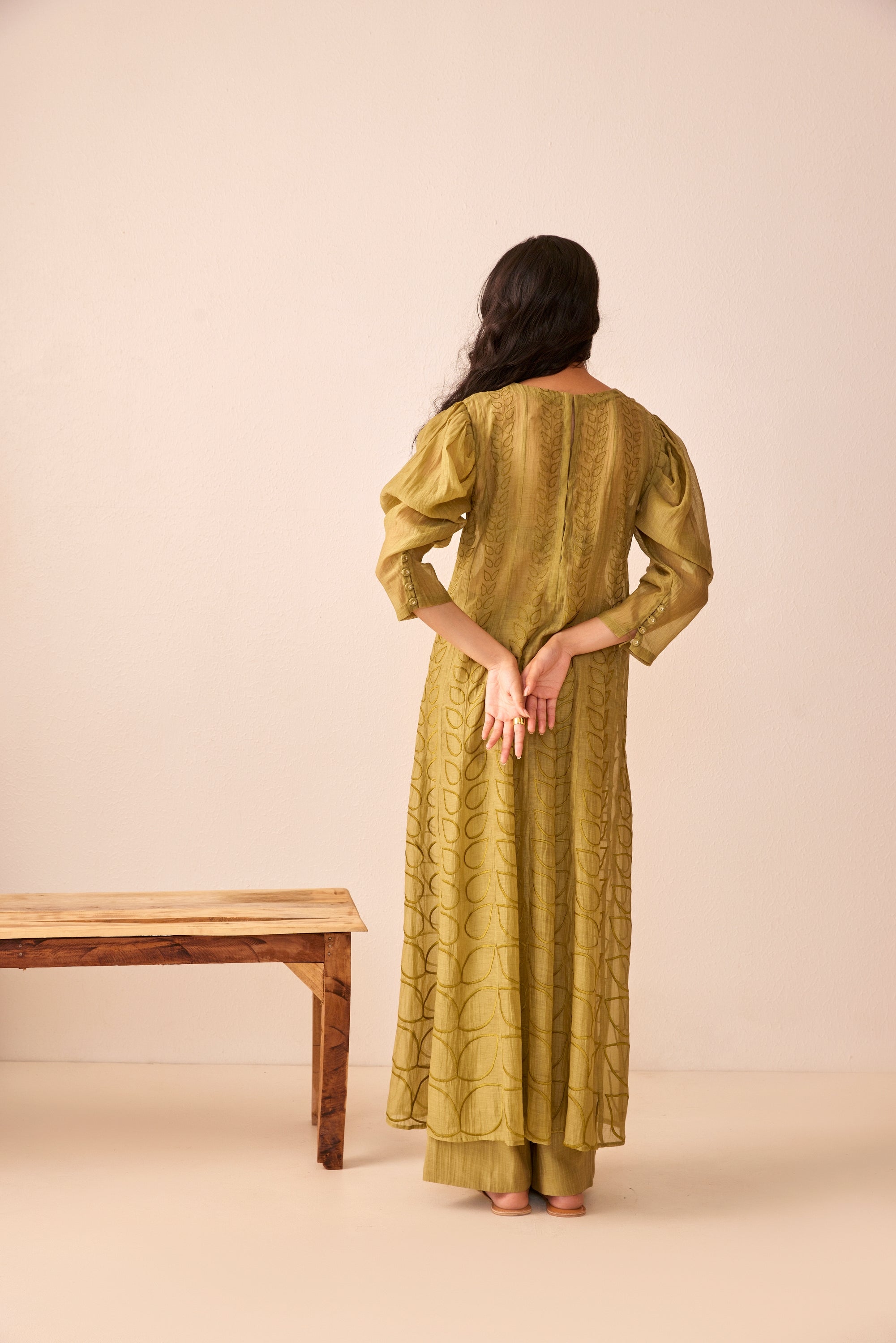 Green chanderi silk embroidered kurta/dress