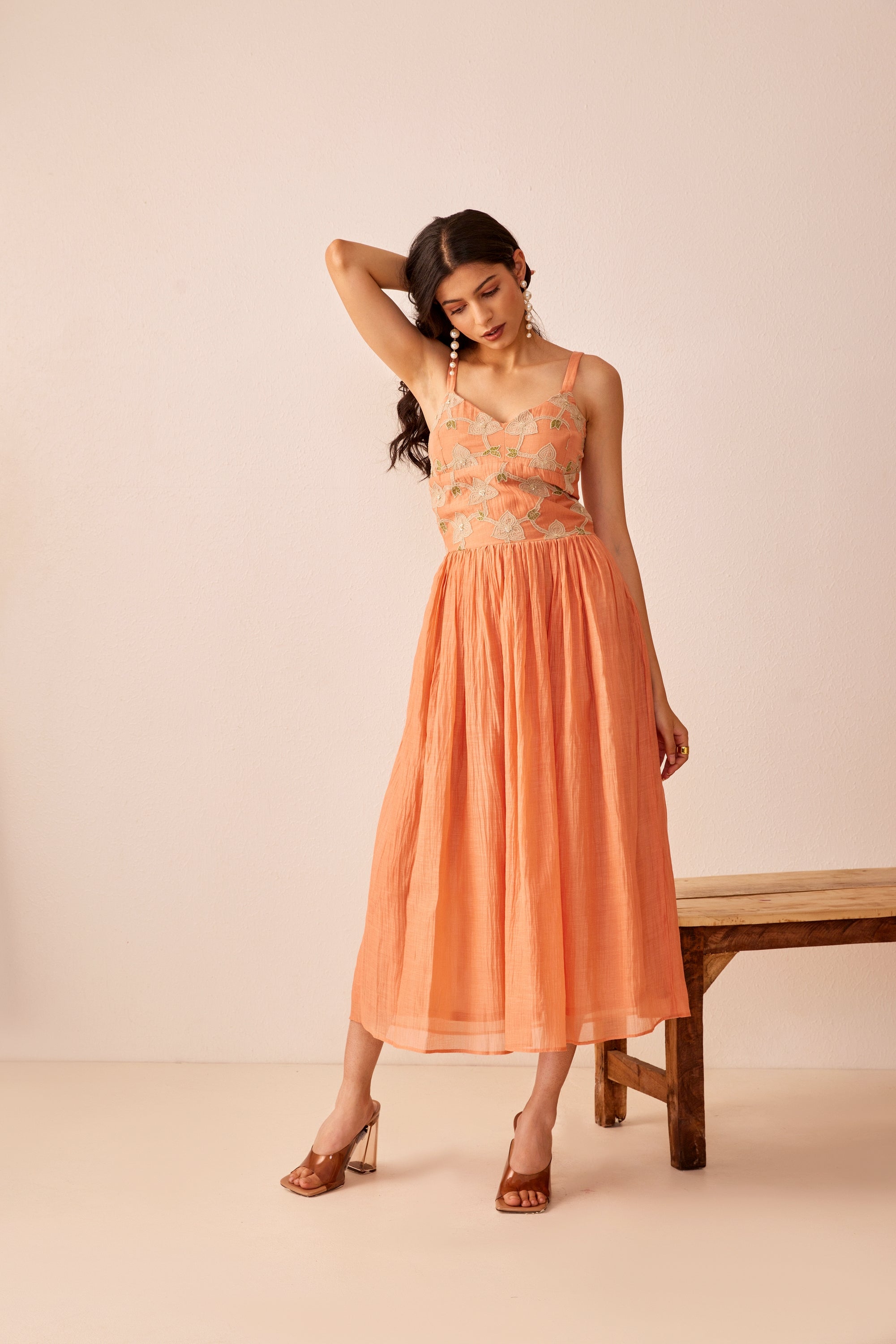 Peach chanderi silk hand embroidered dress