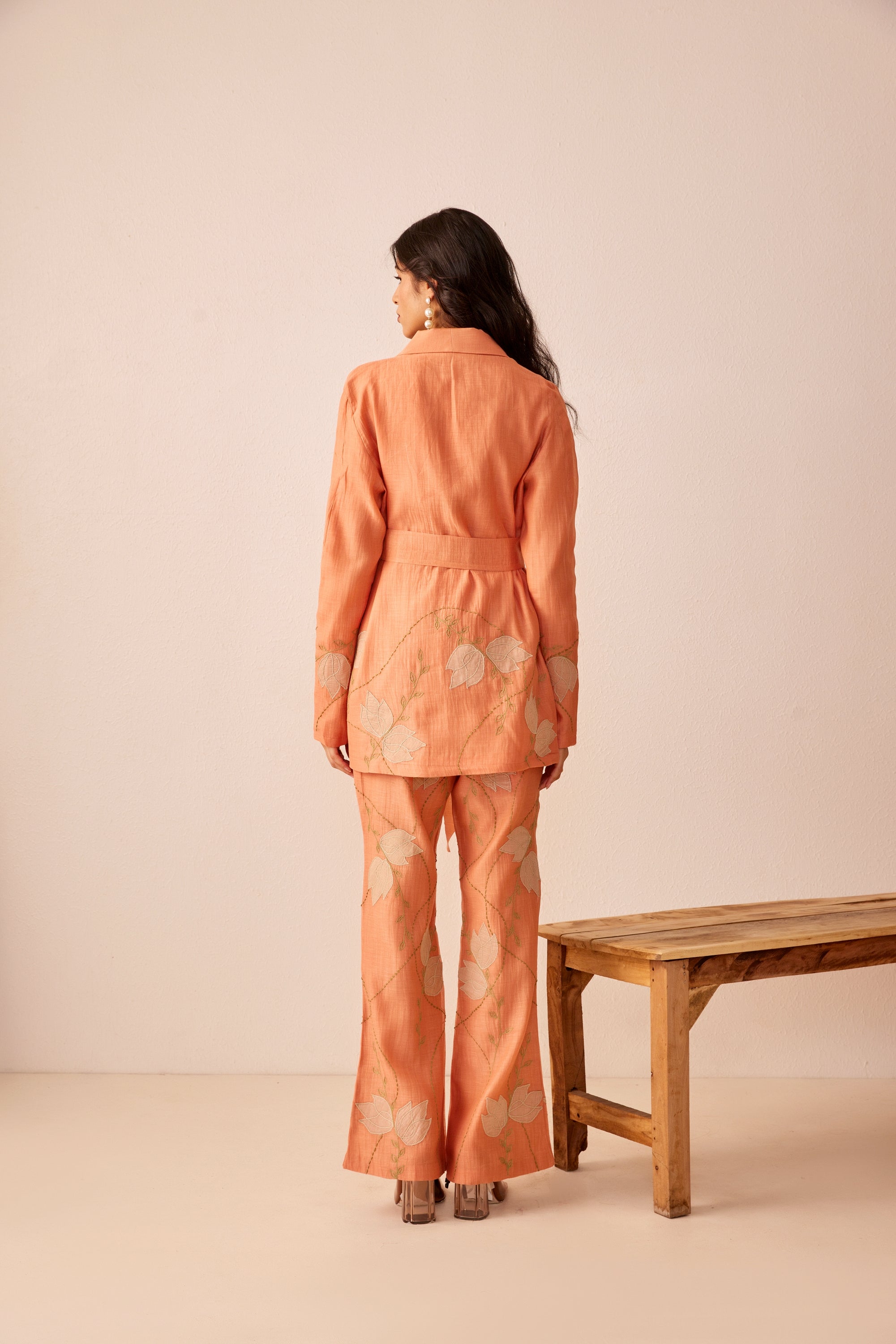 Peach chanderi silk hand embroidered blazer set