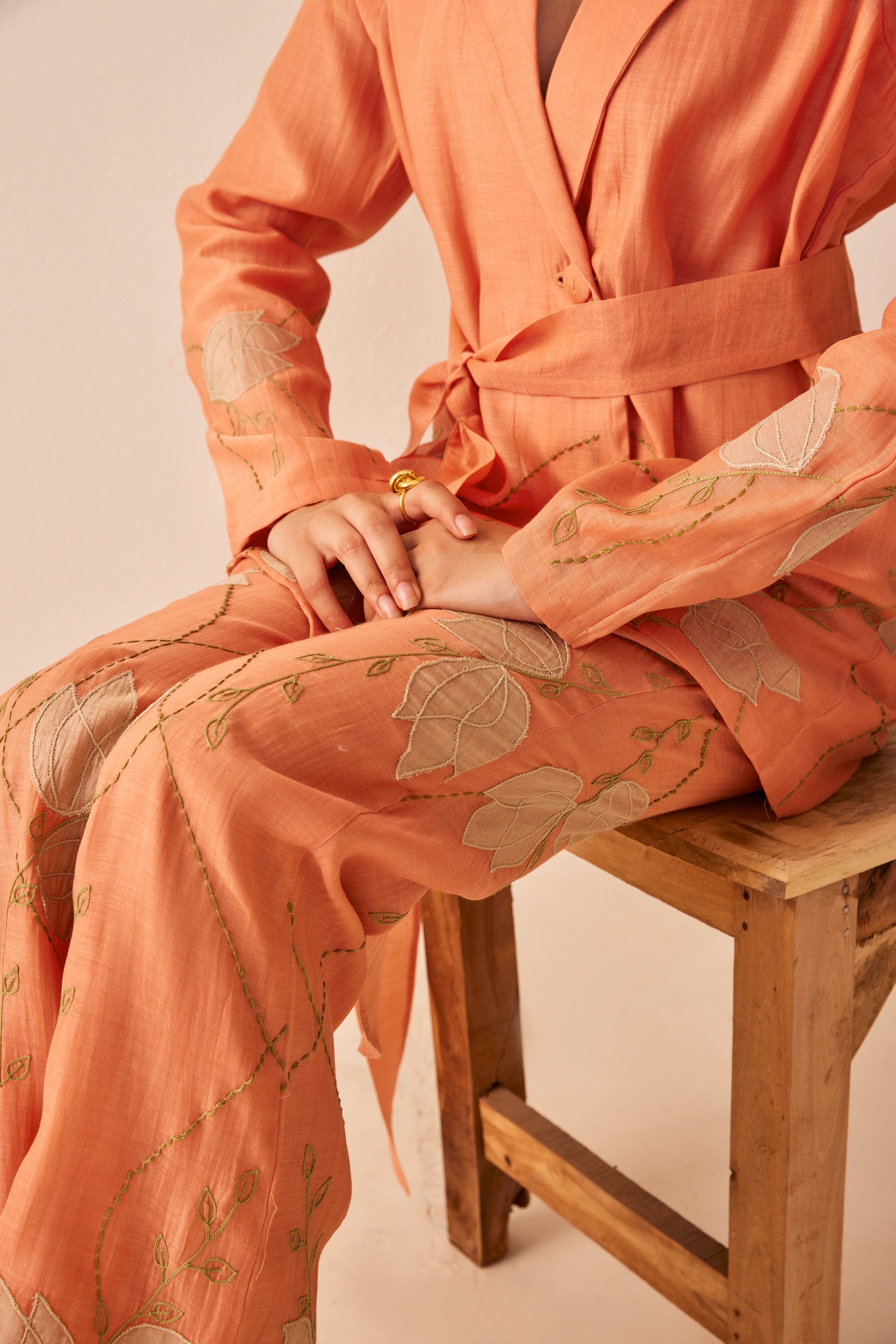 Peach chanderi silk hand embroidered blazer set