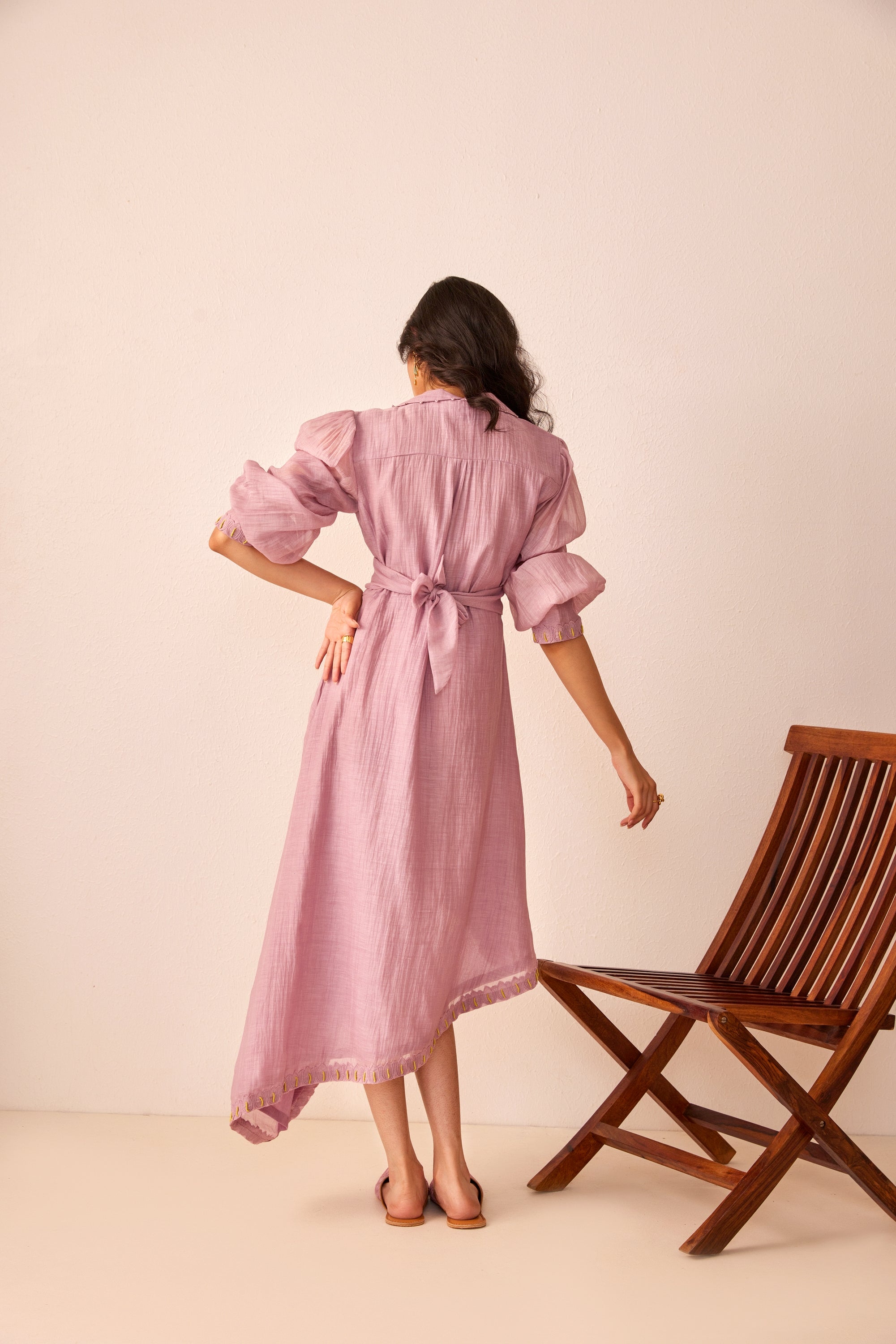 Lavender chanderi silk hand embroidered wrap dress