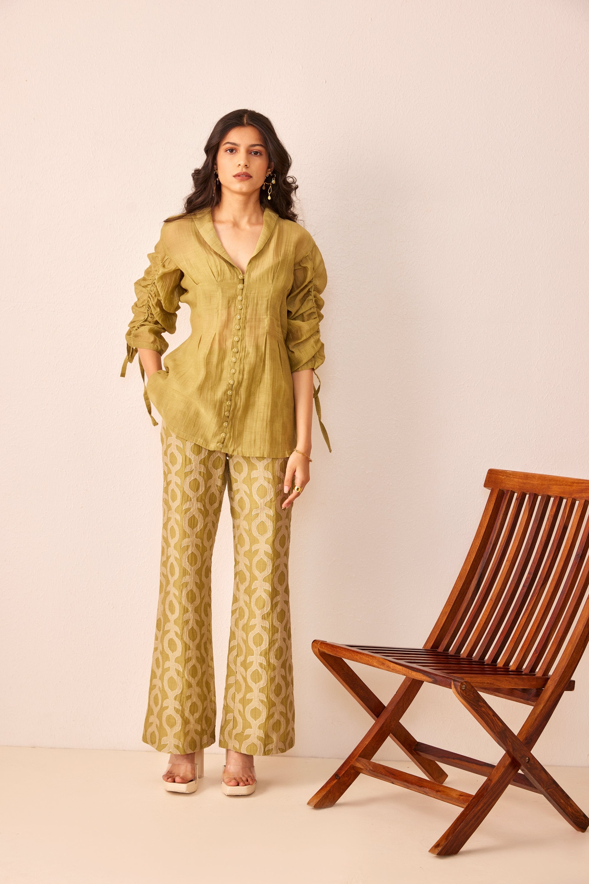 Green chanderi silk embroidered pants