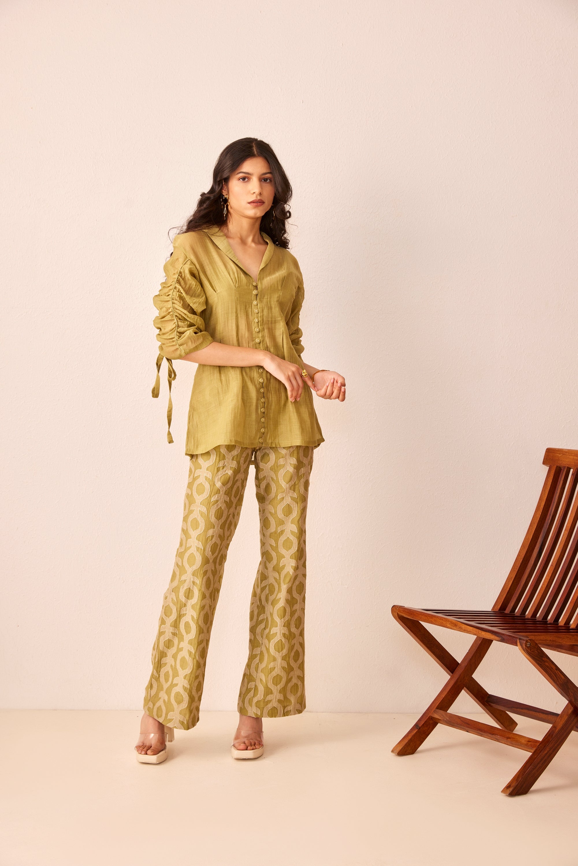 Green chanderi silk embroidered pants
